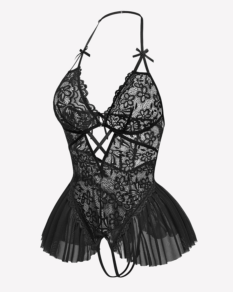 Black lace halter bodysuit with crisscross front and flared tulle peplum skirt
