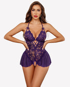 Purple lace V-neck bodysuit with crisscross front and layered tulle skirt