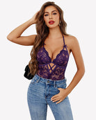 Purple lace V-neck halter bodysuit with triangle cutout and tulle peplum hem