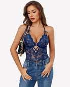 Blue lace V-neck bodysuit with crisscross back and tie halter neckline