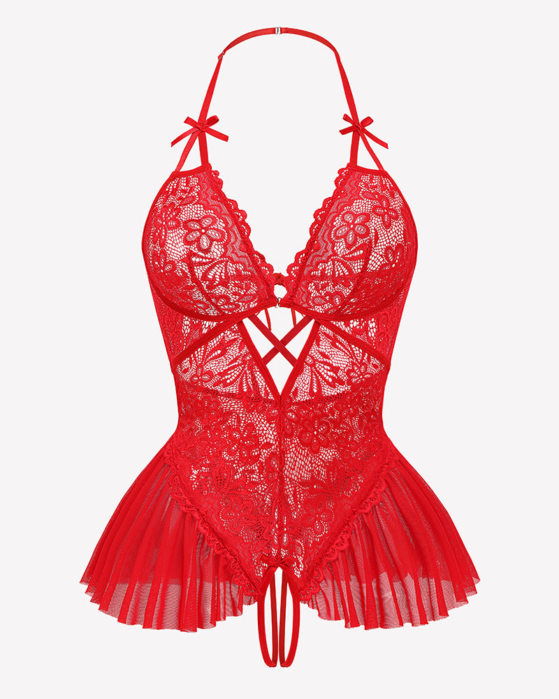 Red lace halter babydoll bodysuit with V-neck, crisscross front, and fringe tulle hem