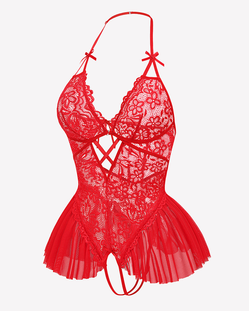 Red lace halter bodysuit with V-neck, crisscross panel, and layered fringe tulle hem