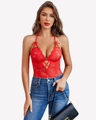 Red lace V-neck bodysuit with thin straps and crisscross cutout at bust