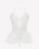 White lace V-neck sleep bodysuit with open back crisscross detail and frilly skirt hem