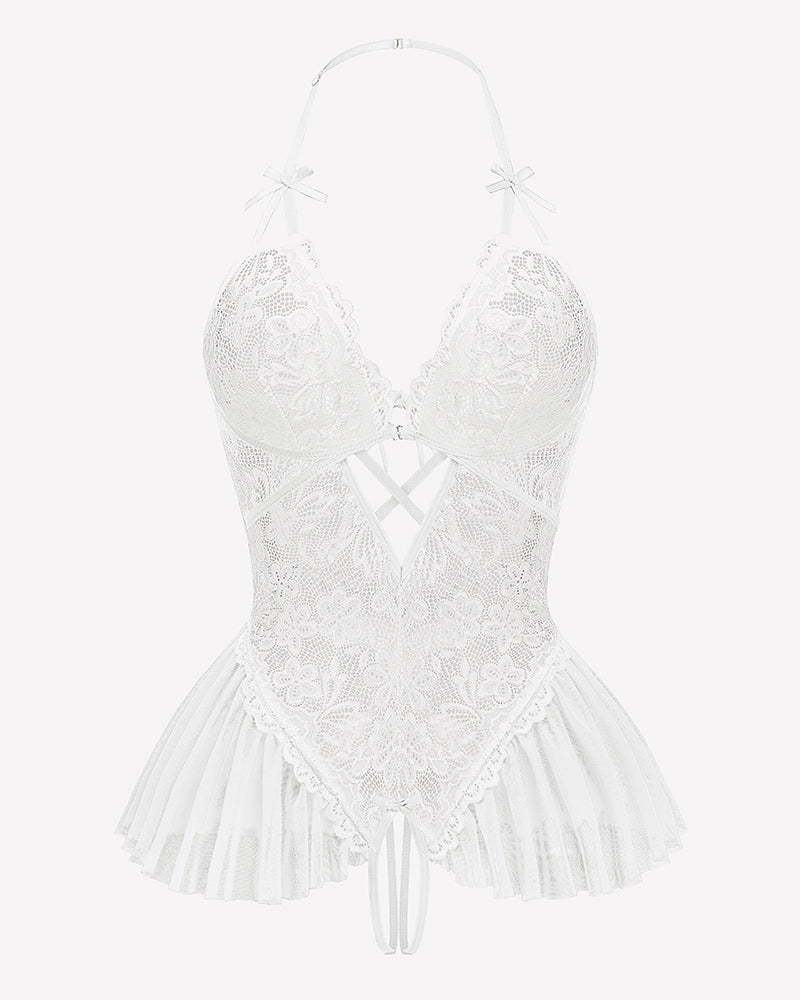 White lace V-neck sleep bodysuit with open back crisscross detail and frilly skirt hem