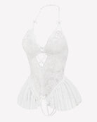 White lace V-neck bodysuit with crisscross front cutout and pleated tulle skirt