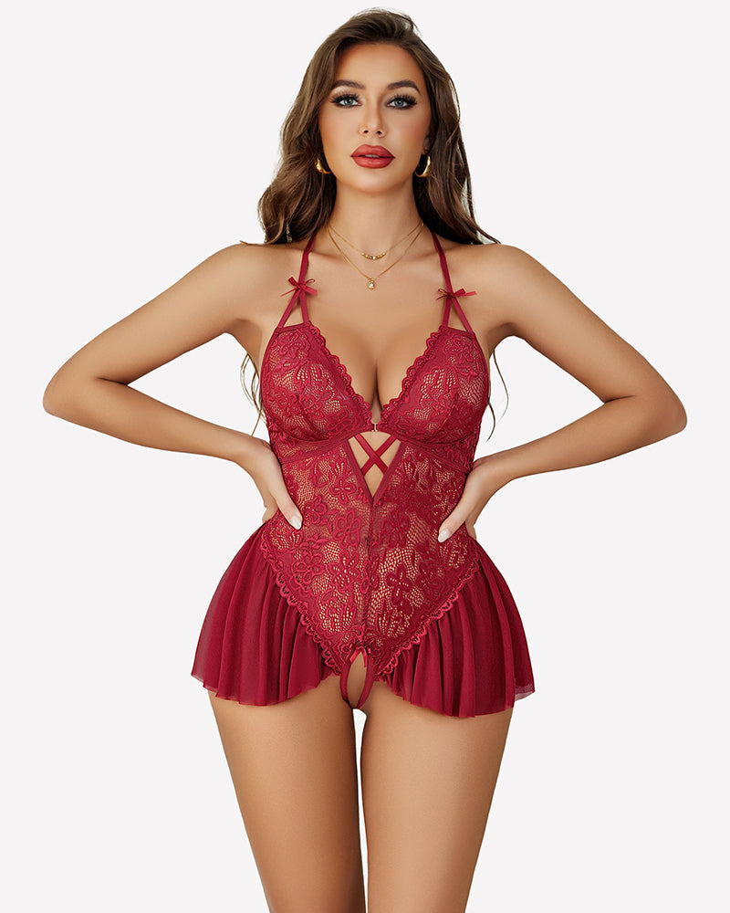 Red lace V-neck bodysuit with cross-lace front and layered tulle skirt