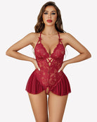 Red lace V-neck bodysuit with cross-lace front and layered tulle skirt