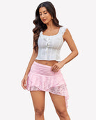 Pink lace mini skirt with ruched waist and layered tiered ruffles