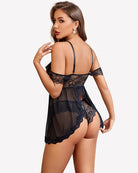 Black mesh lace babydoll dress with lace back panels and matching thong