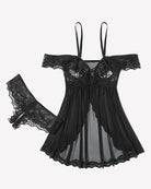 Black mesh lace babydoll dress with lace cups and matching thong