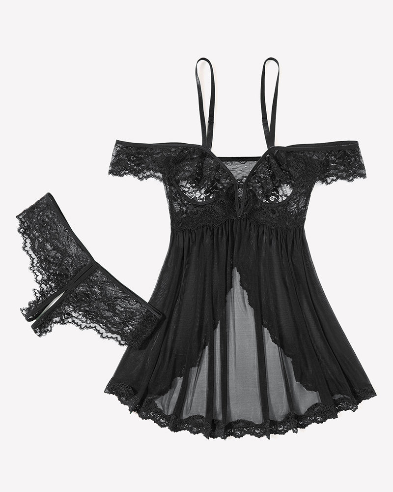 Black mesh lace babydoll dress with lace cups and matching thong