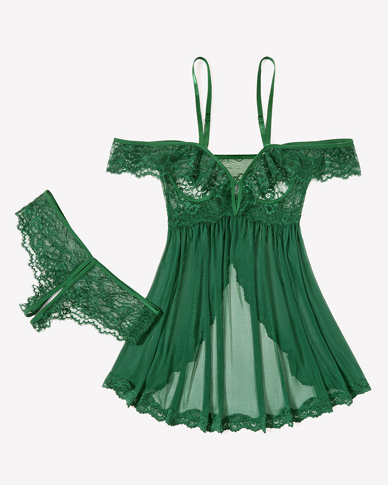 Green mesh lace babydoll dress with lace cups and matching thong