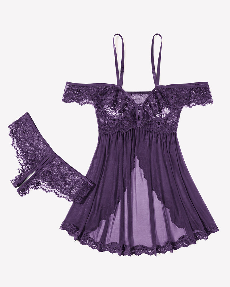 Purple lace babydoll dress with mesh skirt and matching thong, set shown