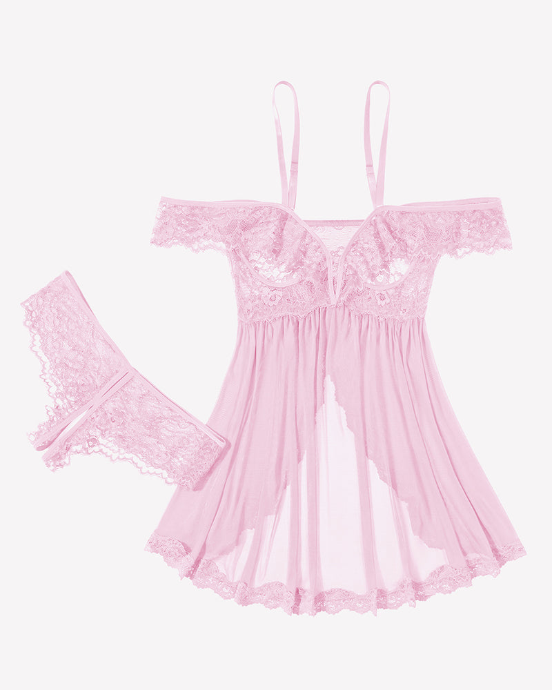 Pink mesh lace babydoll dress with lace cups and matching thong