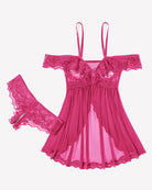 Pink lace babydoll dress with mesh skirt and matching thong, set shown