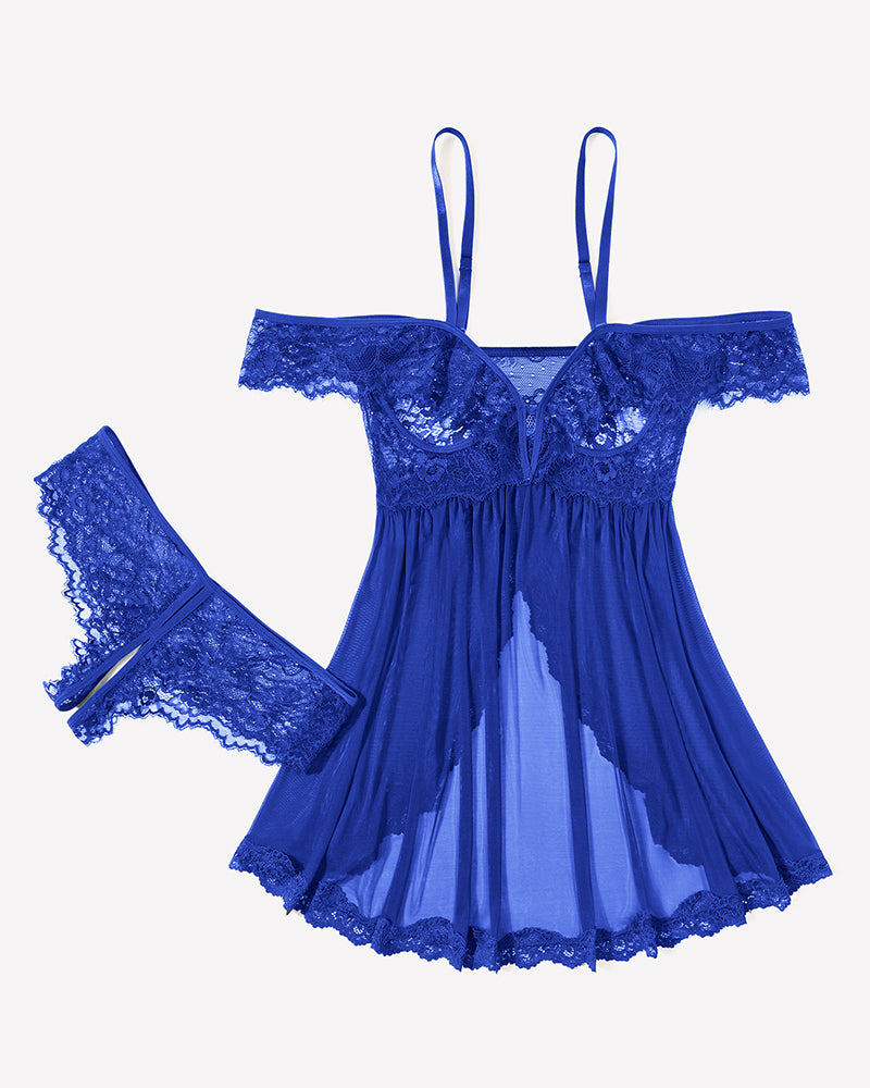 Blue lace babydoll dress with mesh skirt and matching thong, set shown