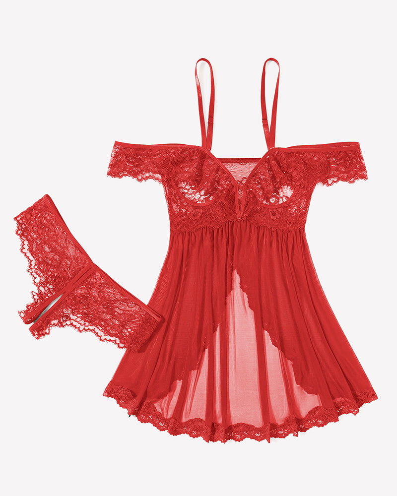 Red mesh lace babydoll dress set with lace cups and matching thong