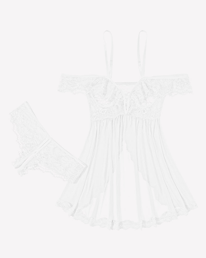 White mesh lace babydoll dress and thong set with lace cups