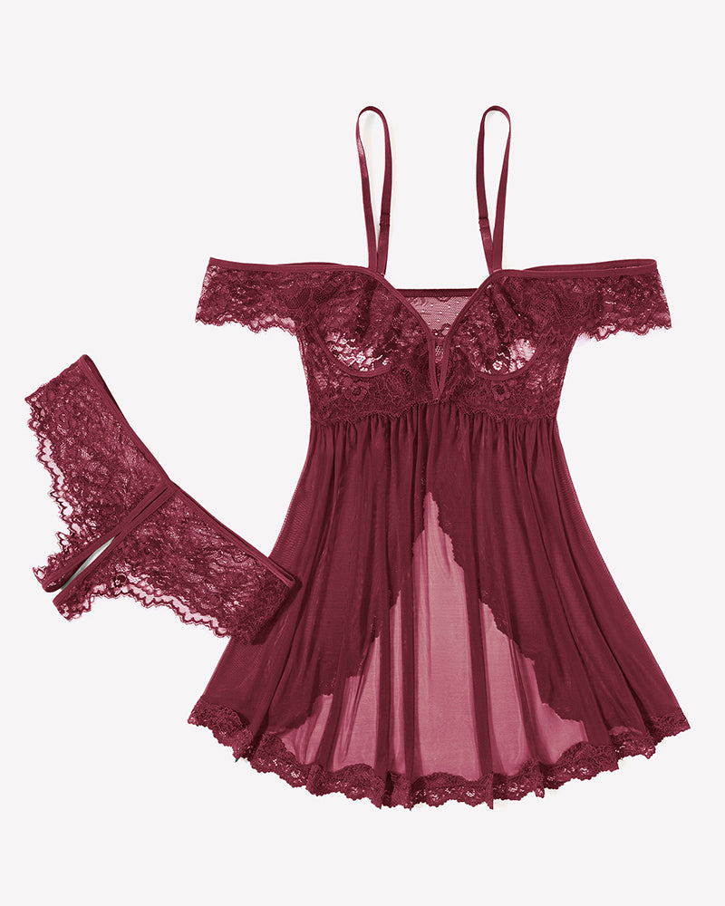 Wine red mesh lace babydoll dress with lace cups and matching thong