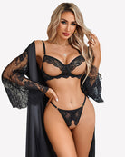 Black floral lace cutout bra with long-sleeve lace overlay and matching thong.