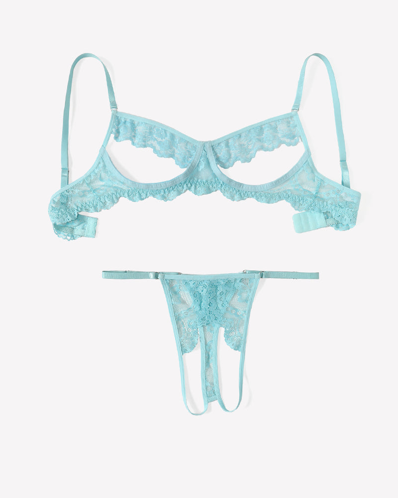 Light blue floral lace cutout bra and thong set, flat lay with scalloped trim.