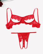 Red lace lingerie set with balconette bra and matching thong, scalloped trim