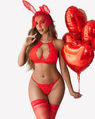 Red lace underwire bra and thong set with halter straps and heart-shaped cutout