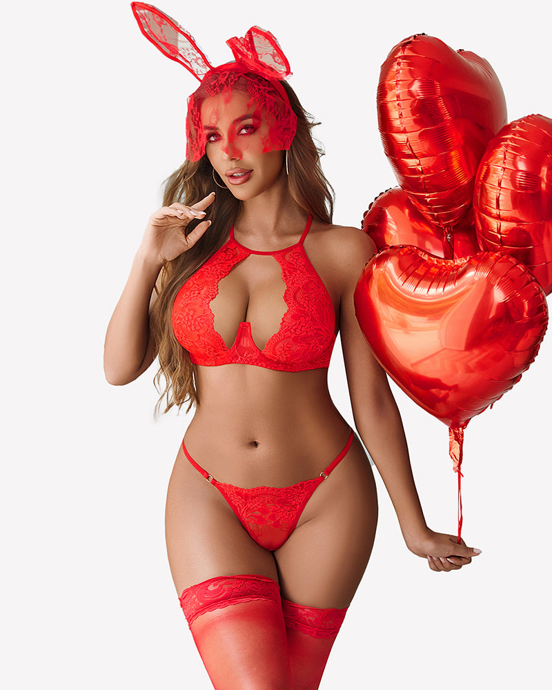 Red lace underwire bra and thong set with halter straps and heart-shaped cutout