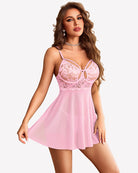 Pink mesh lace babydoll with underwire cups, center keyhole, and thin tie straps