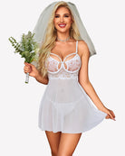 White sheer mesh lace babydoll with underwire cups and lace-trimmed neckline