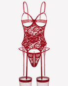 Red lace cutout lingerie corset set with bow detail, thong, and stocking garters