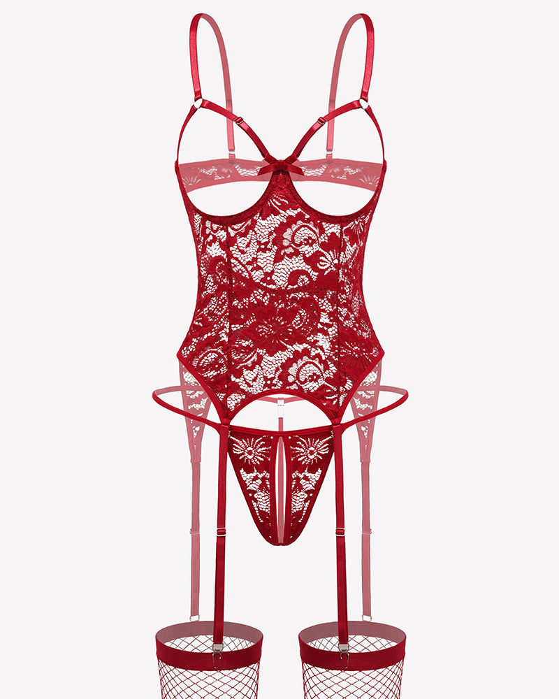 Red lace cutout lingerie corset set with bow detail, thong, and stocking garters