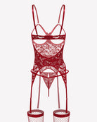 Red lace cutout corset lingerie set with thong, adjustable garter straps, and stockings