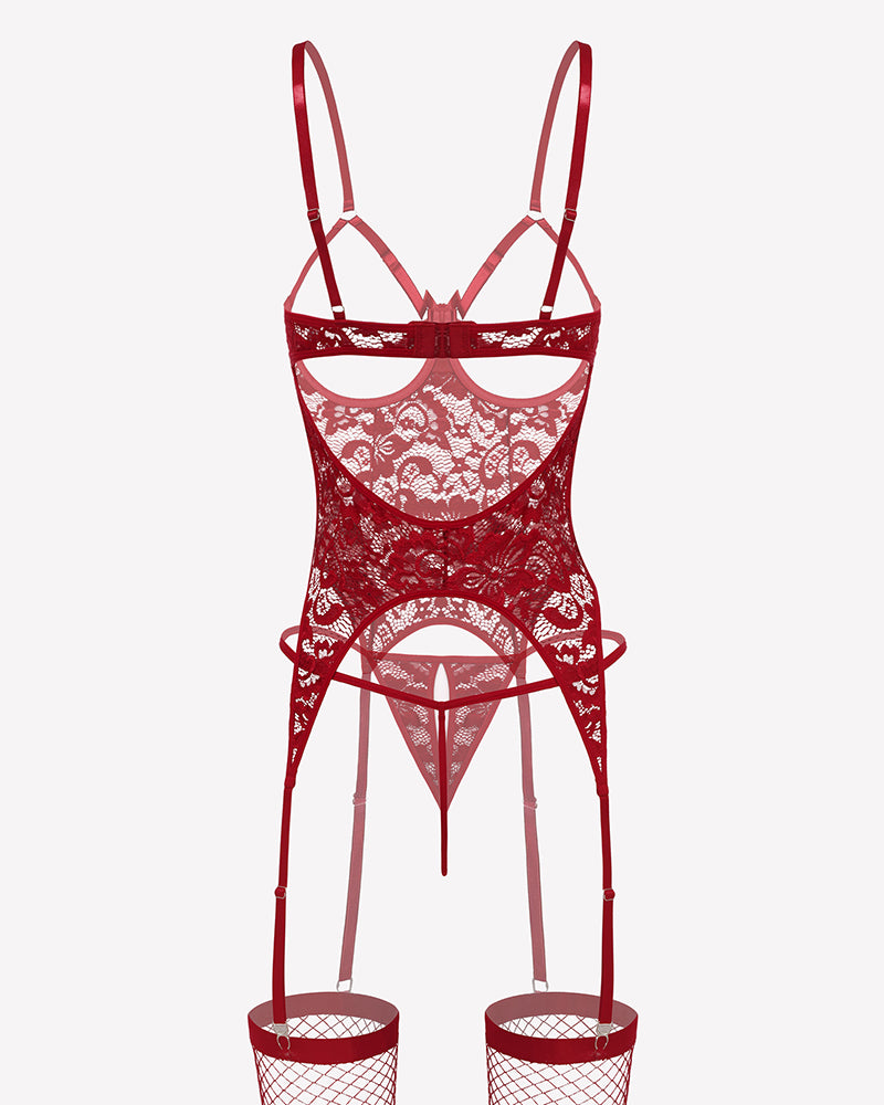 Red lace cutout corset lingerie set with thong, adjustable garter straps, and stockings