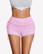 Ruched lace drawstring shorts, light pink with ruched center and lace trim