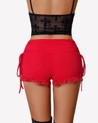 Ruched lace drawstring shorts, red with lace trim and side tie strings