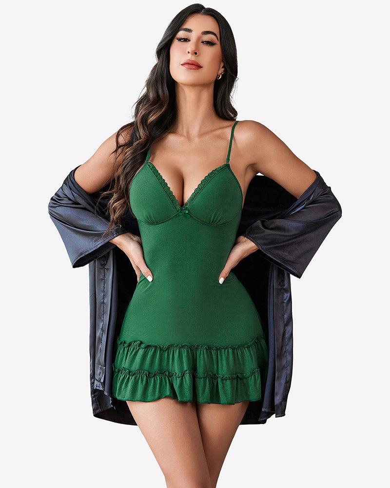 Dark green lace-trim V-neck slip nightdress with tiered ruffle hem