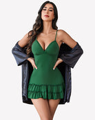 Dark green lace-trim V-neck slip nightdress with tiered ruffle hem