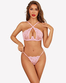 Pink lace underwire bra and thong panty set with crisscross back straps