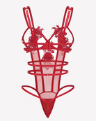 Red lace bodysuit with deep V shape, floral center panel, and crisscross straps
