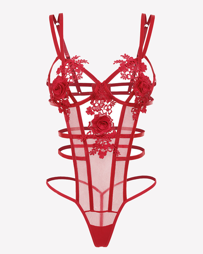 Red deep V lace bodysuit with floral appliques and cut-out strap detailing
