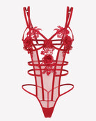 Red deep V lace bodysuit with floral appliques and cut-out strap detailing