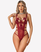 Wine red deep V lace bodysuit with floral appliques and strappy mesh cutouts