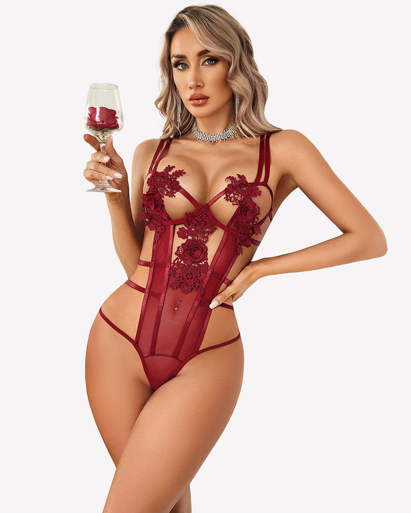 Wine red lace bodysuit with deep V neckline, floral appliques, and mesh panels