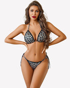 Women's lace lingerie set, strappy triangle bra and bikini panties, leopard print
