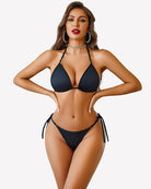 Women's lace lingerie set, strappy triangle bra and bikini panties, black