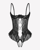 Black lace teddy bodysuit with diamond cutout and ruffle trim