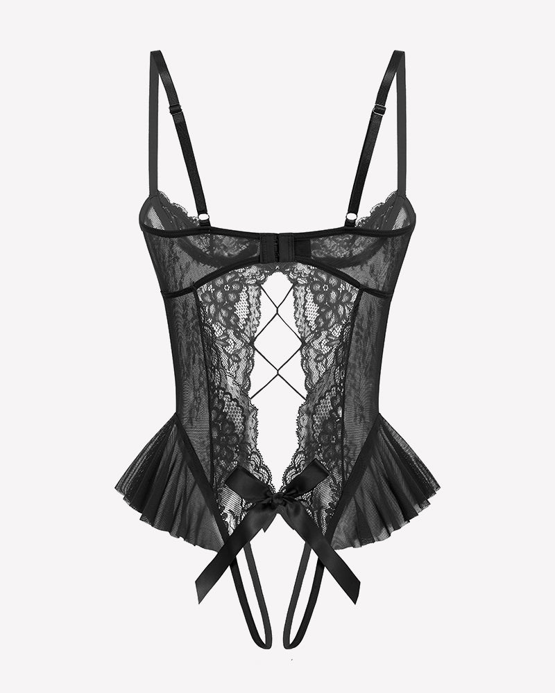 Black lace teddy bodysuit with scalloped bust trim and tulle ruffle hem