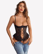Black lace teddy bodysuit with diamond cutout, ruffle peplum, and spaghetti straps